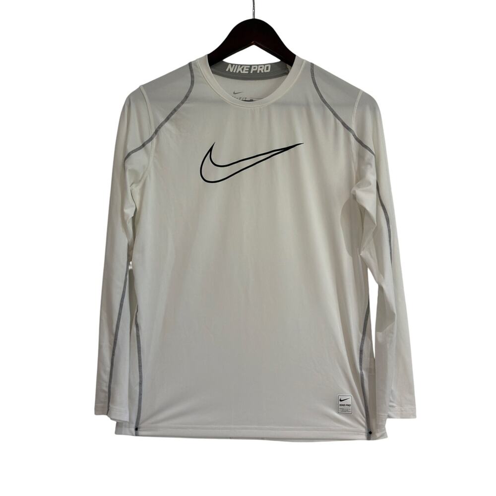 Nike Pro Dri-Fit Shirt Boys XL White LS Logo Breathable Stretch Activewear Run